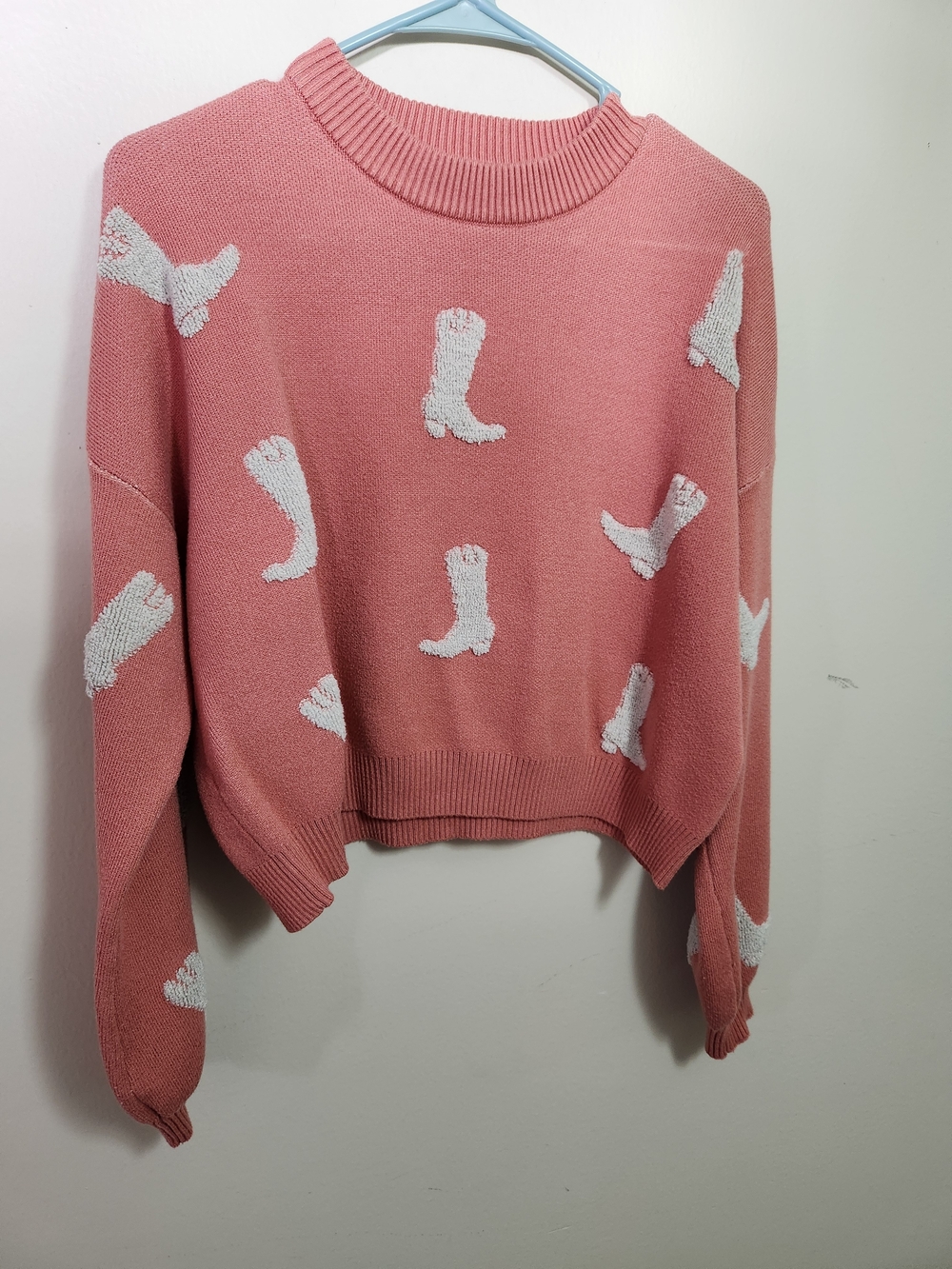 Simply Southern Pink Crewneck Sweater with White Boot Pattern